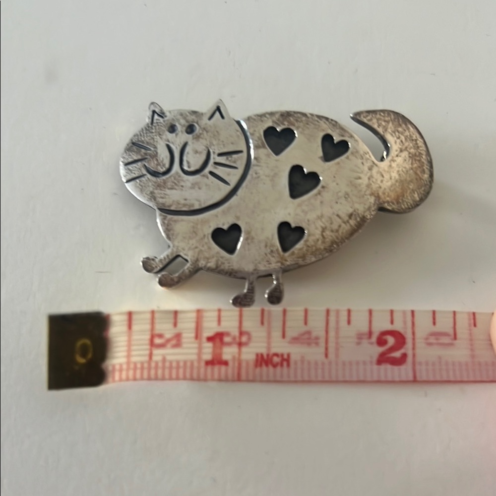 Silver Cat Brooch with Heart Cutouts